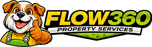 Logo for FLOW360 Property Services with a cheerful dog giving a thumbs-up.